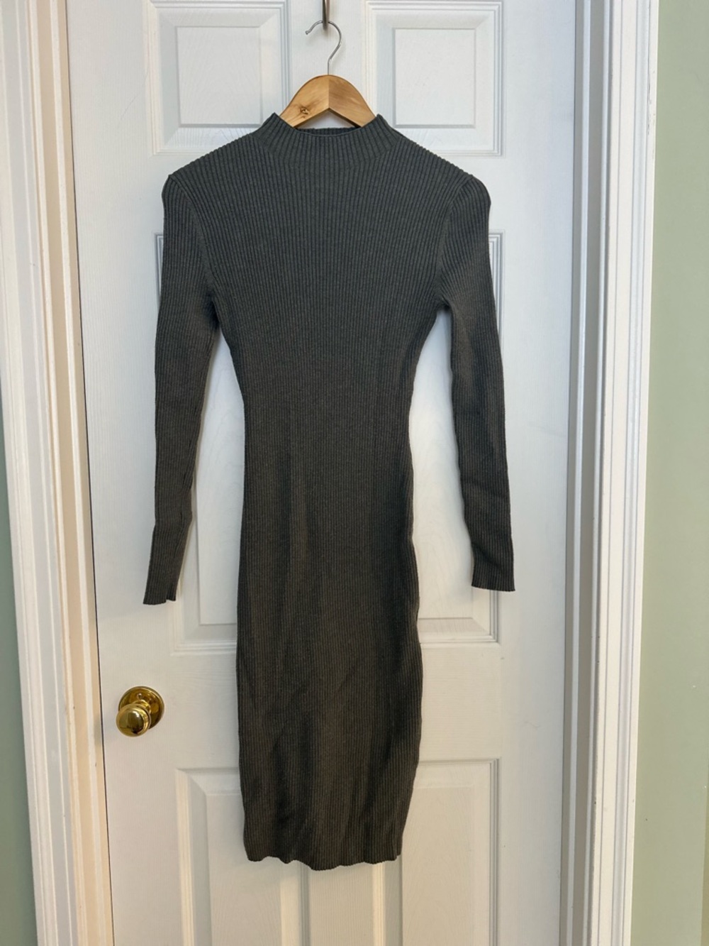 H&M Ribbed Knit Midi Dress Gray Long Sleeve Mock Neck Bodycon XS